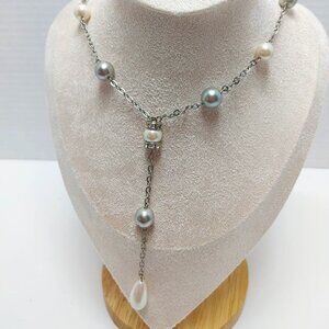 Vintage Silver Tone Faux Pearl Rhinestone Chocker Drop Necklace Y Dangle